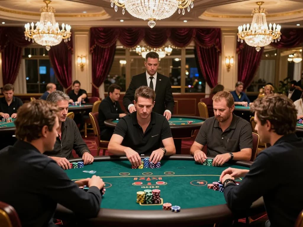 Players strategizing at 32win com poker tables in a vibrant casino atmosphere.