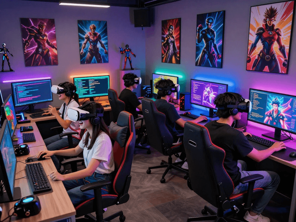 Participants engaging in AI roleplay in a vibrant gaming environment with VR headsets and dynamic visuals.