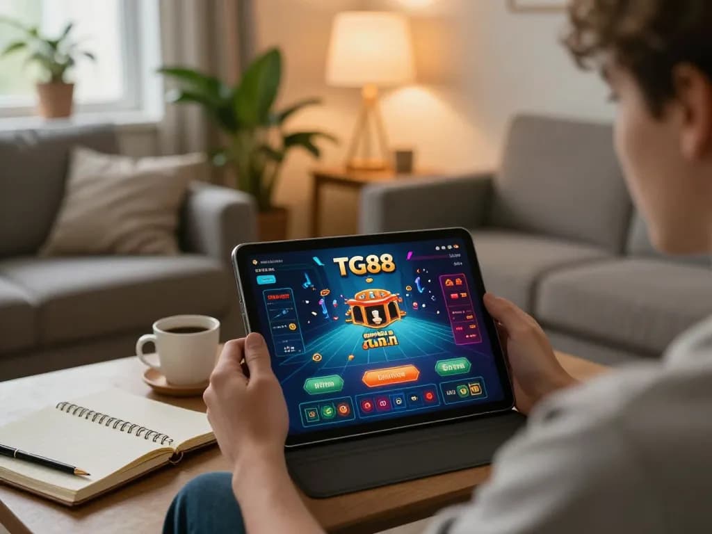 Play exciting games with tai tg88 app on a tablet in a cozy living room