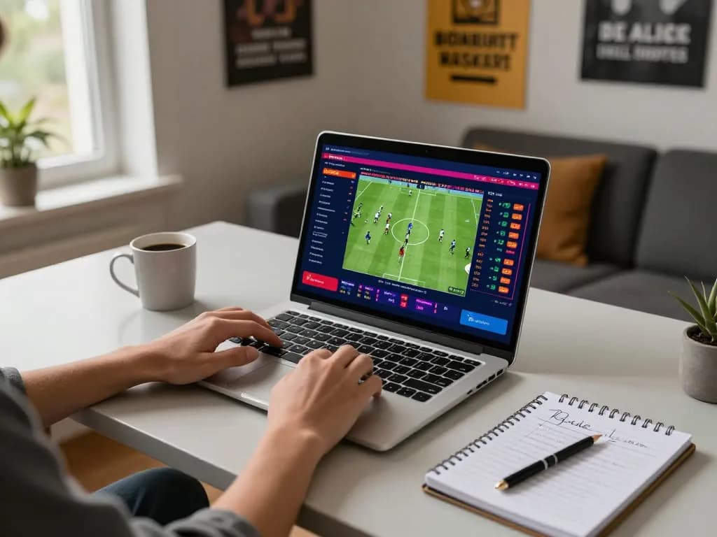 Person analyzing tỷ lệ kèo nhà cái on a laptop in a cozy home office setting, ready to place bets responsibly.
