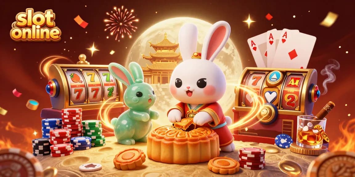 Spin the reels at slot online while the moon rabbit pounds mooncakes revealing poker chips, creating a festive casino atmosphere.