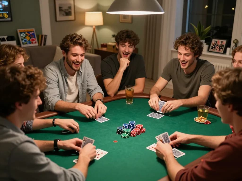 Friends enjoying a lively poker game night at home, emphasizing the social aspect of 33win gambling