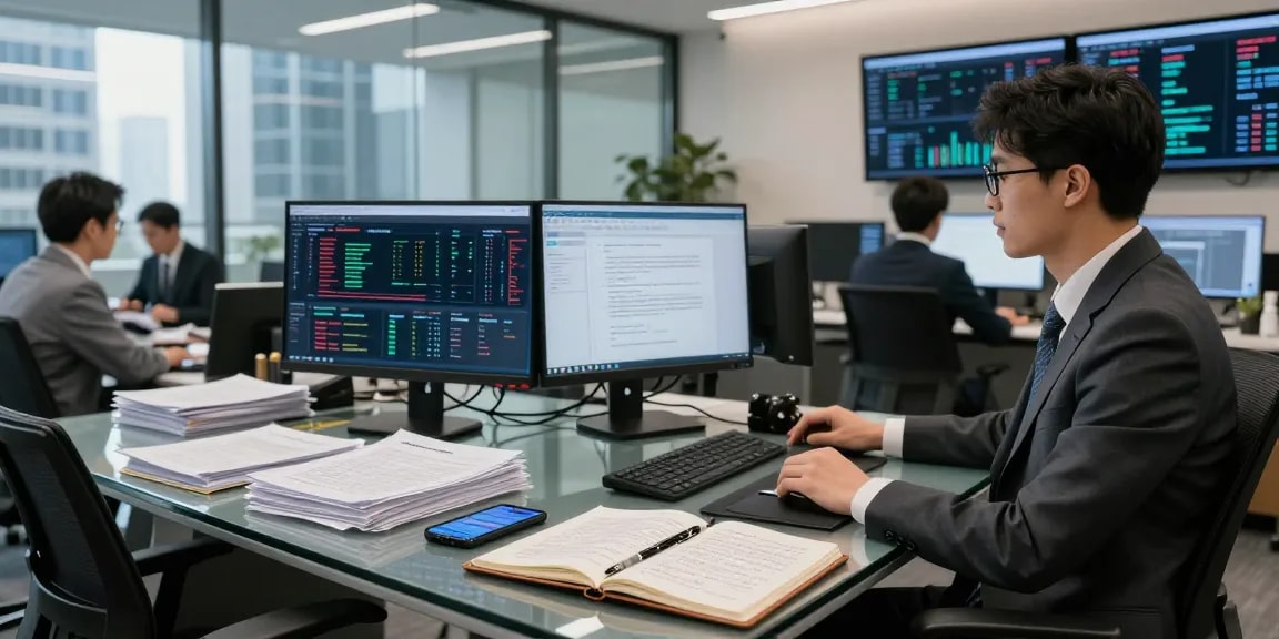 Document fraud detection analysis in a modern financial workspace with data visualizations and compliance papers.