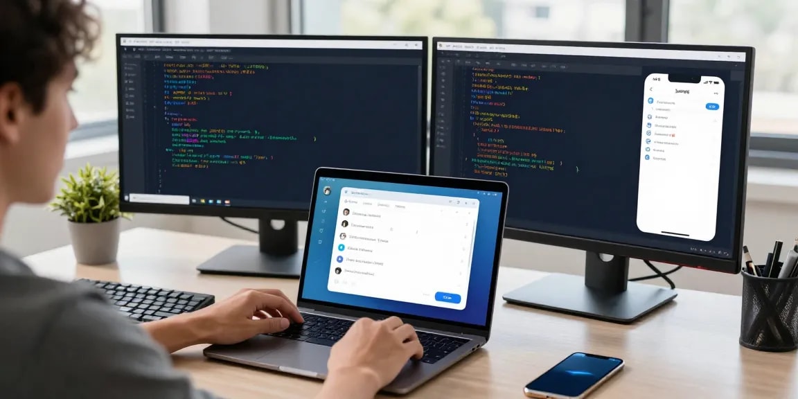 Setting up Telegram in Chinese: adjusting language settings on a laptop with dual monitors in a modern workspace.