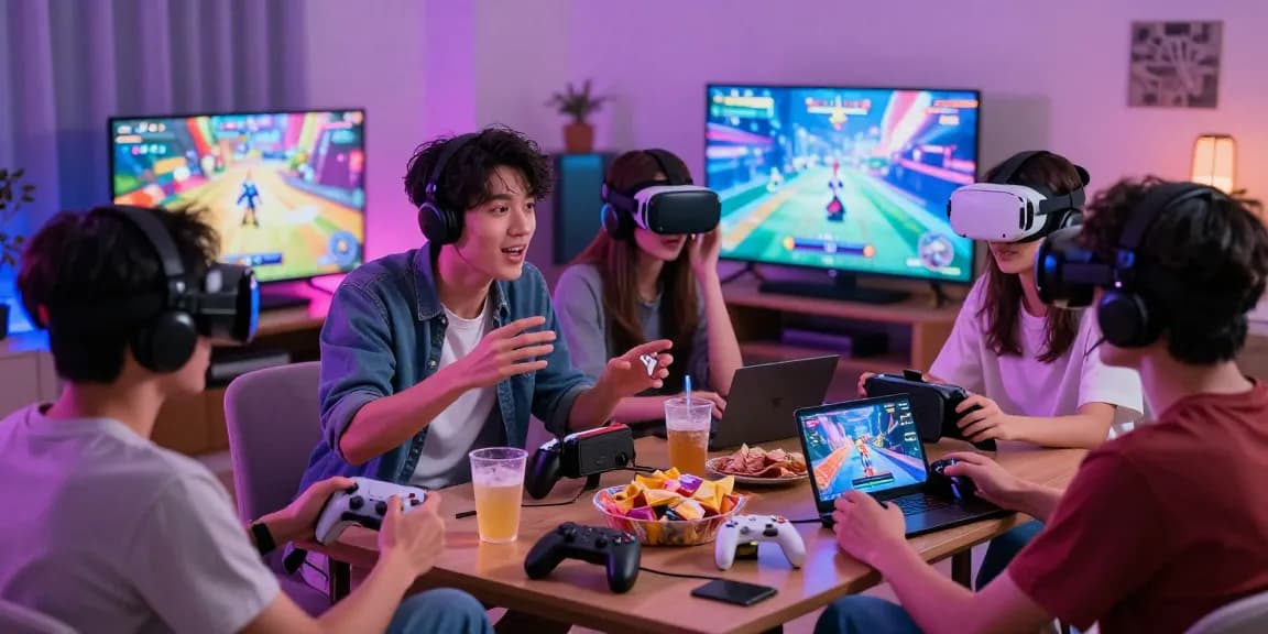 Friends enjoying an exciting gaming night playing hentai games together with vibrant graphics and snacks.