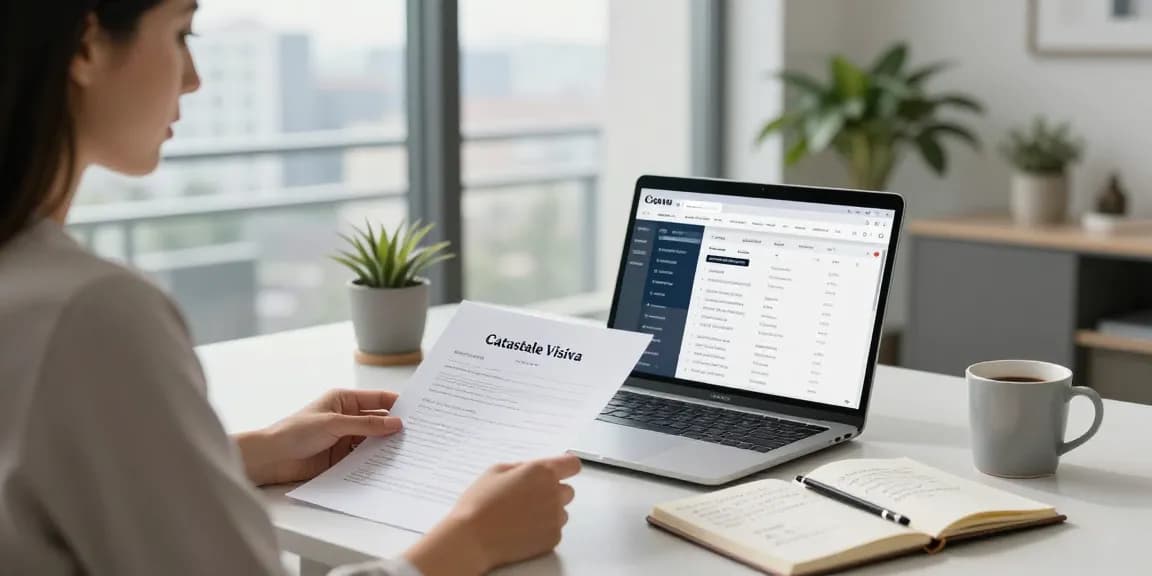 Donna professionale che ricerca la Visura Catastale in un moderno ufficio domestico con vista sulla città.