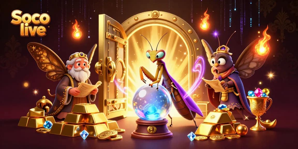 Soco live showcases a vibrant 3D scene with fortune teller and moth librarian surrounded by diamonds and gold, capturing high-stakes action.
