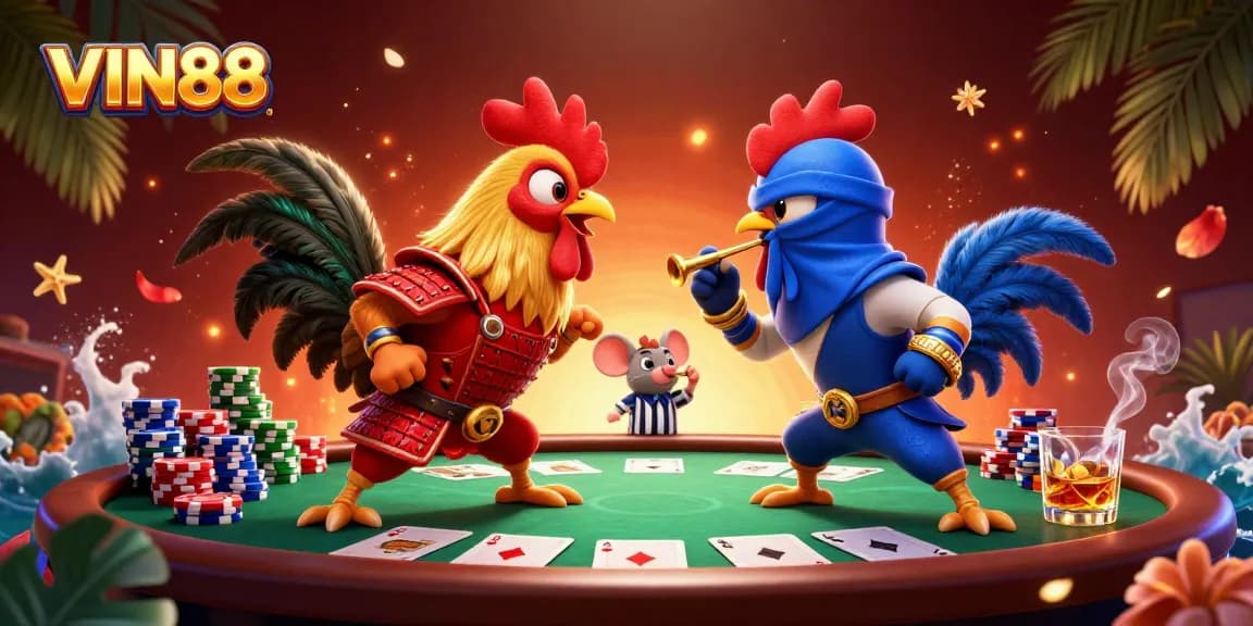 Engage with the thrilling world of VIN88 as fighting roosters clash amid chips and cards.