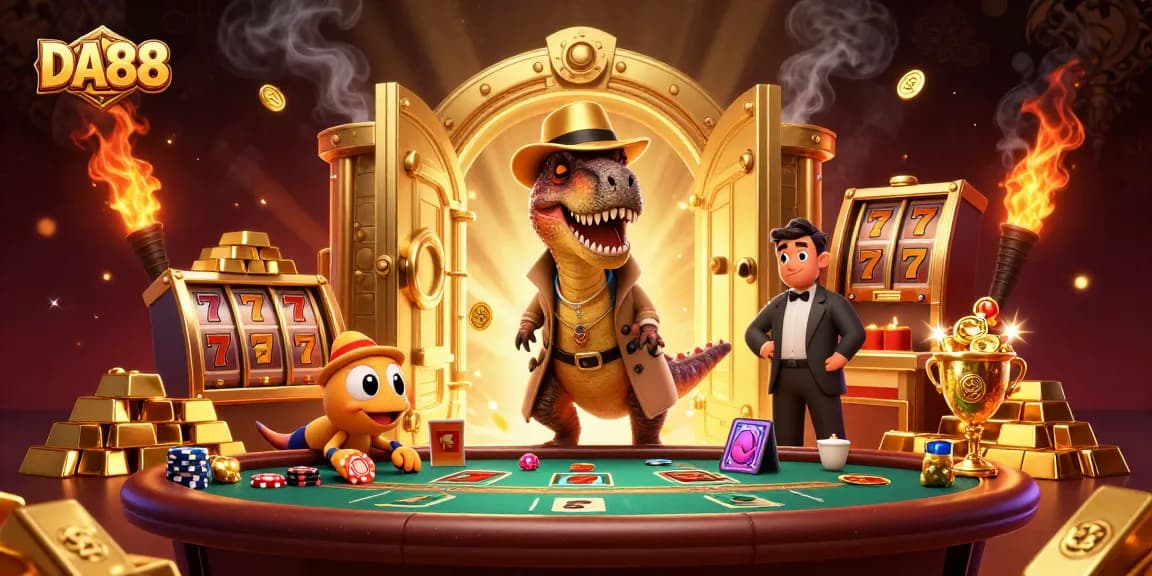 DA88 velociraptor card counter scheming while surrounded by gold and slot machines