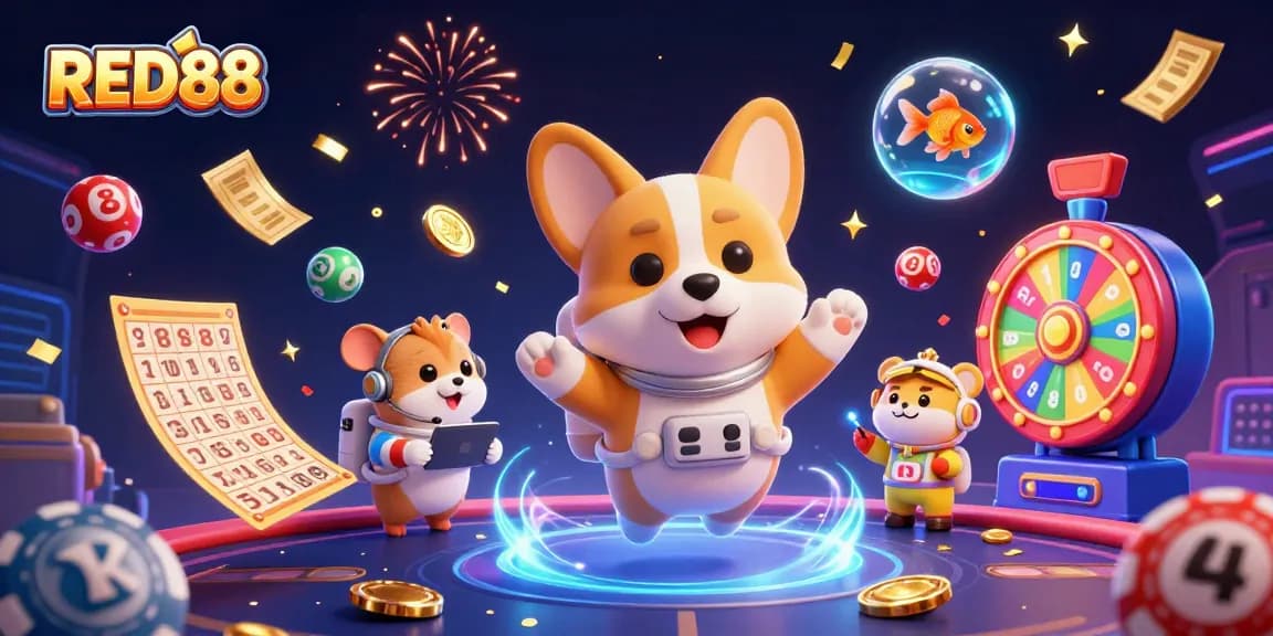 Experience thrilling gameplay at RED88 with games and colorful lottery elements in a vibrant casino scene.