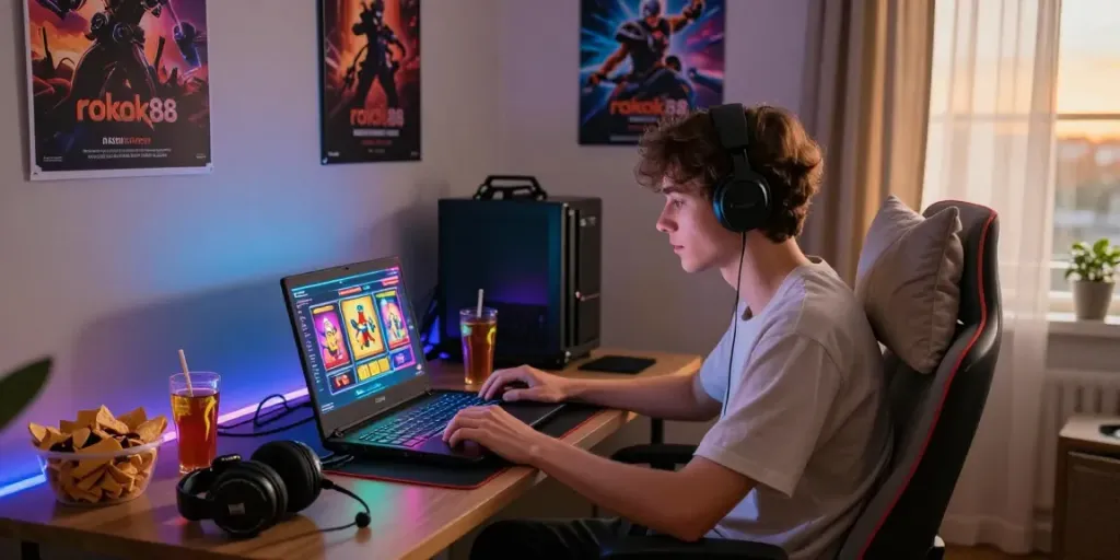 Engaging player enjoying rokok88 slot on a gaming laptop in a cozy room.
