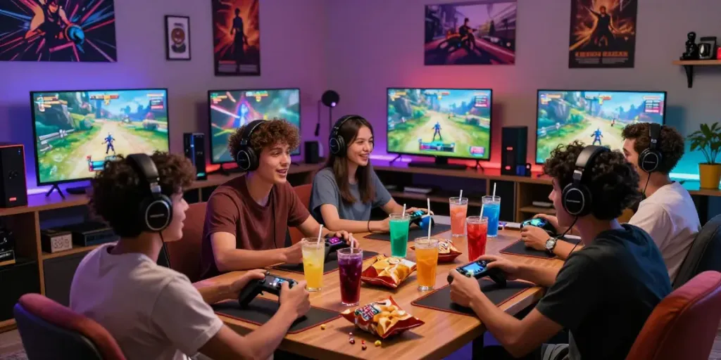 Engaging gaming night with friends playing rokok88 on modern console, snacks and vibrant decor enhancing excitement.