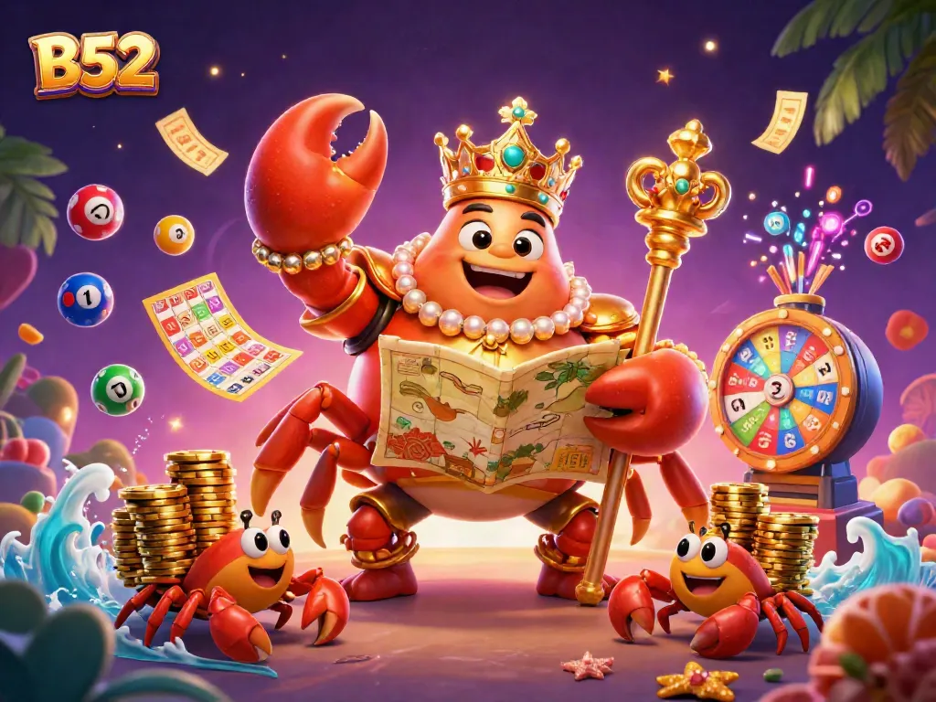 B52 casino-themed illustration with a golden crab emperor amidst vibrant gaming elements