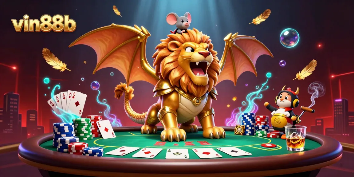 A 3D chimera creature roars triumphantly at the vin88b casino, surrounded by dynamic poker elements and glowing effects.