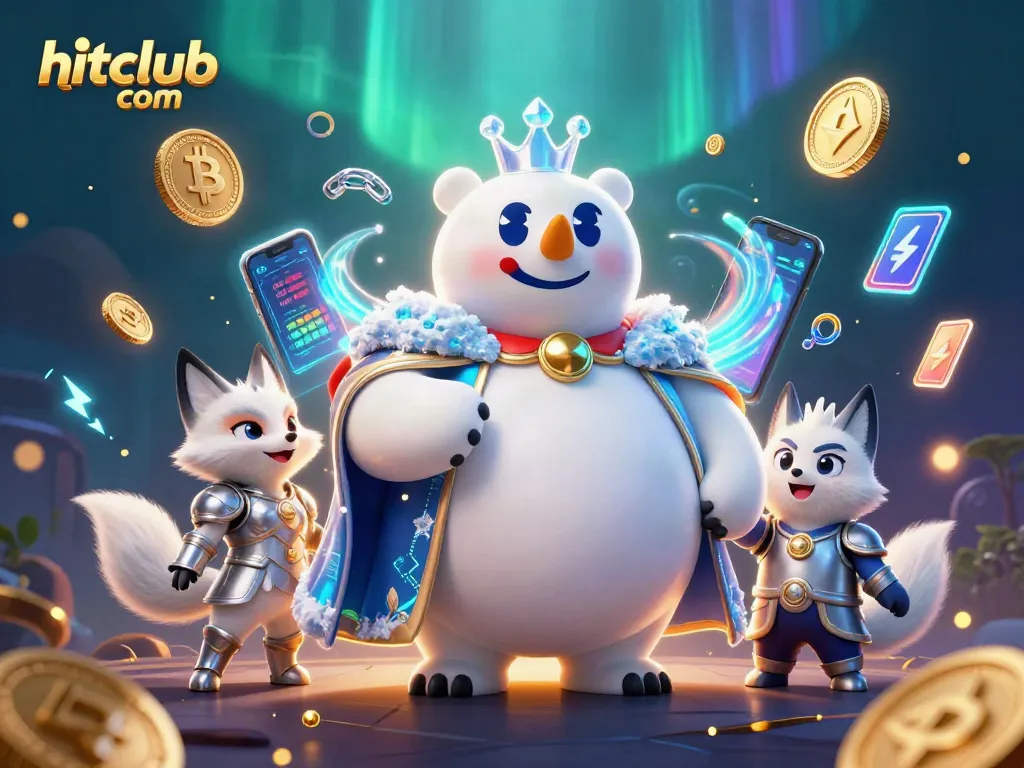 Win big at hitclub com with vibrant gaming energy, showcasing 3D characters and crypto elements in a dazzling illustration.