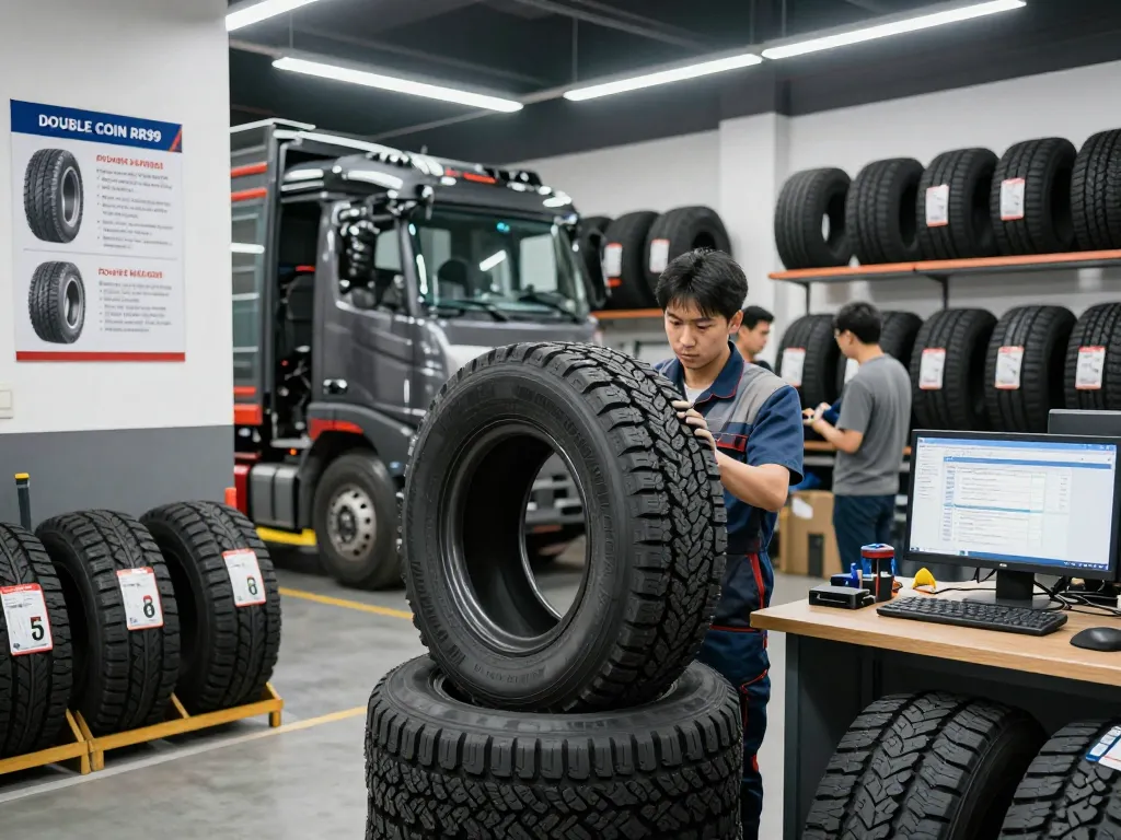 Mechanic inspecting Double Coin RR99 tire in a busy automotive workshop.