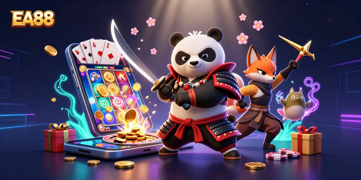 Engage with EA88's immersive casino atmosphere featuring dynamic characters and slot games.