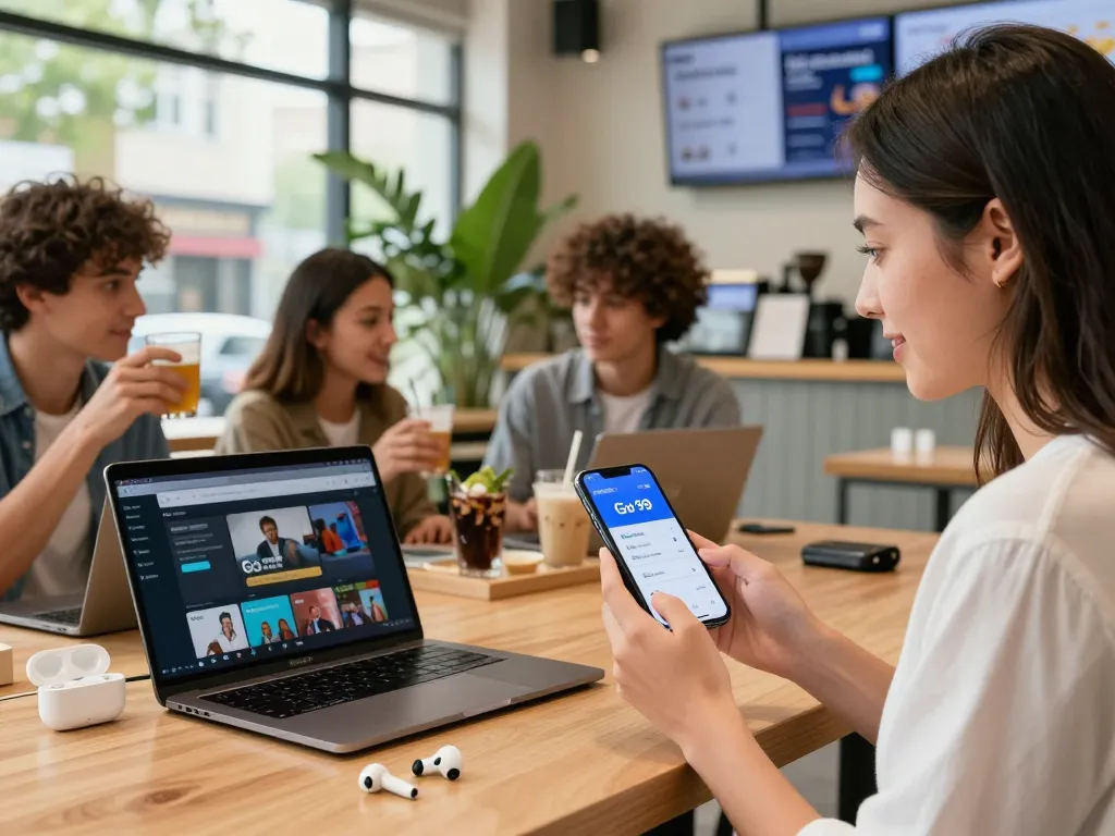 Social interaction in café showcasing Go 99 mobile data service benefits with friends.