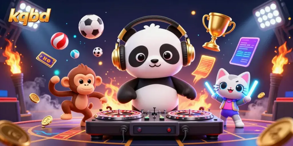 Experience the excitement of kqbd with a lively 3D scene featuring a DJ panda and a breakdancing monkey.