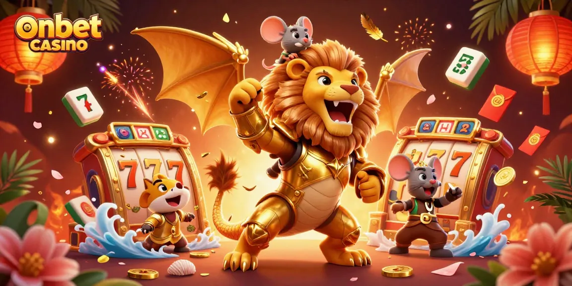 Win big at onbet casino with vibrant slot reels, chimera, and gold elements
