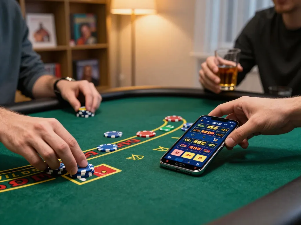 Player engaging in RR99 mobile app gameplay with virtual poker table and chips laid out