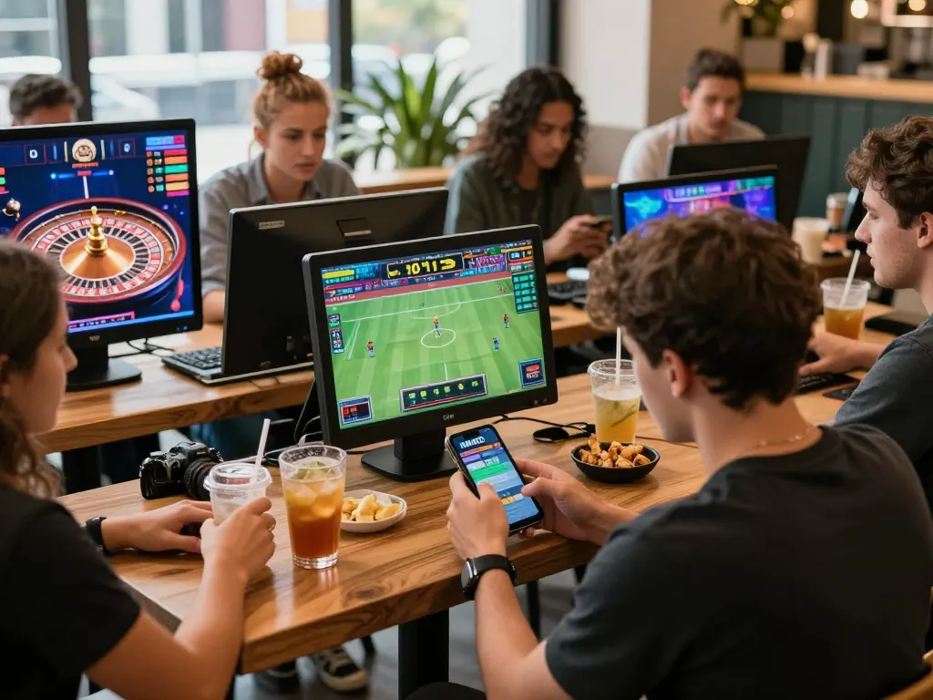 Enthusiastic players enjoying the dynamic MM OO online gambling experience in a vibrant coffee shop.