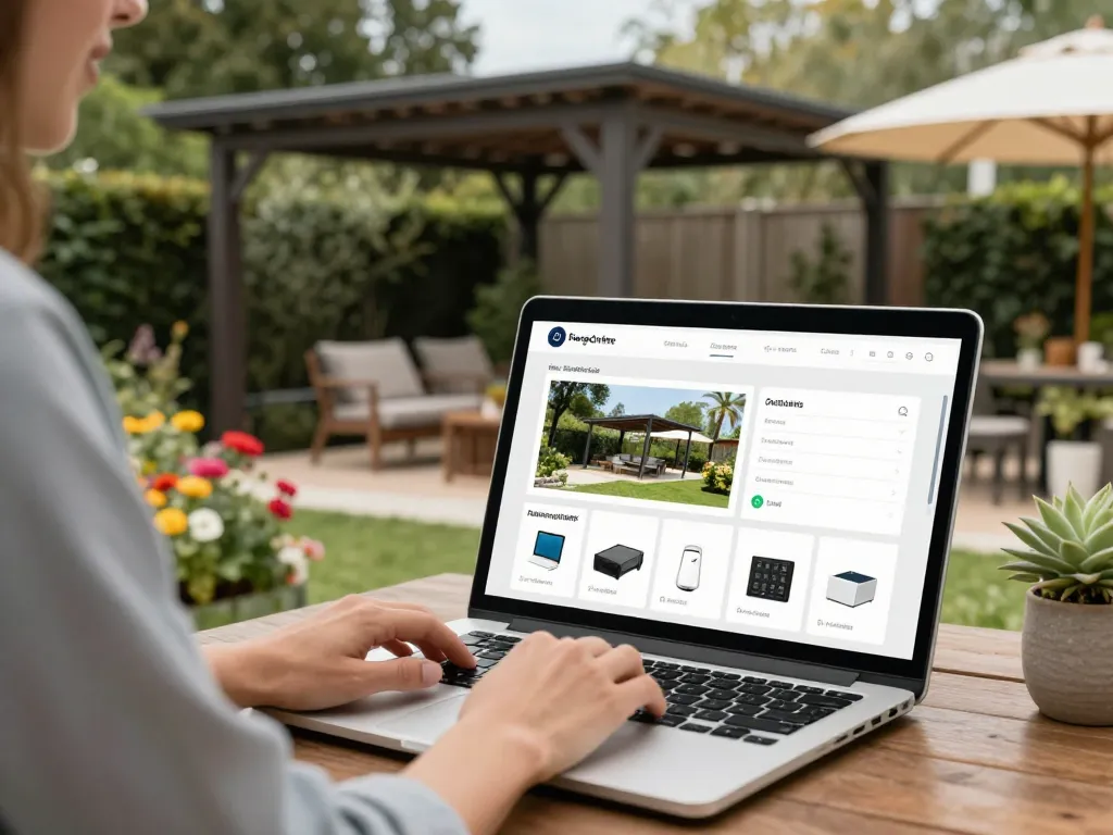 Customizing a bioclimatic pergola design using the configuratore pergola online tool in a garden setting.