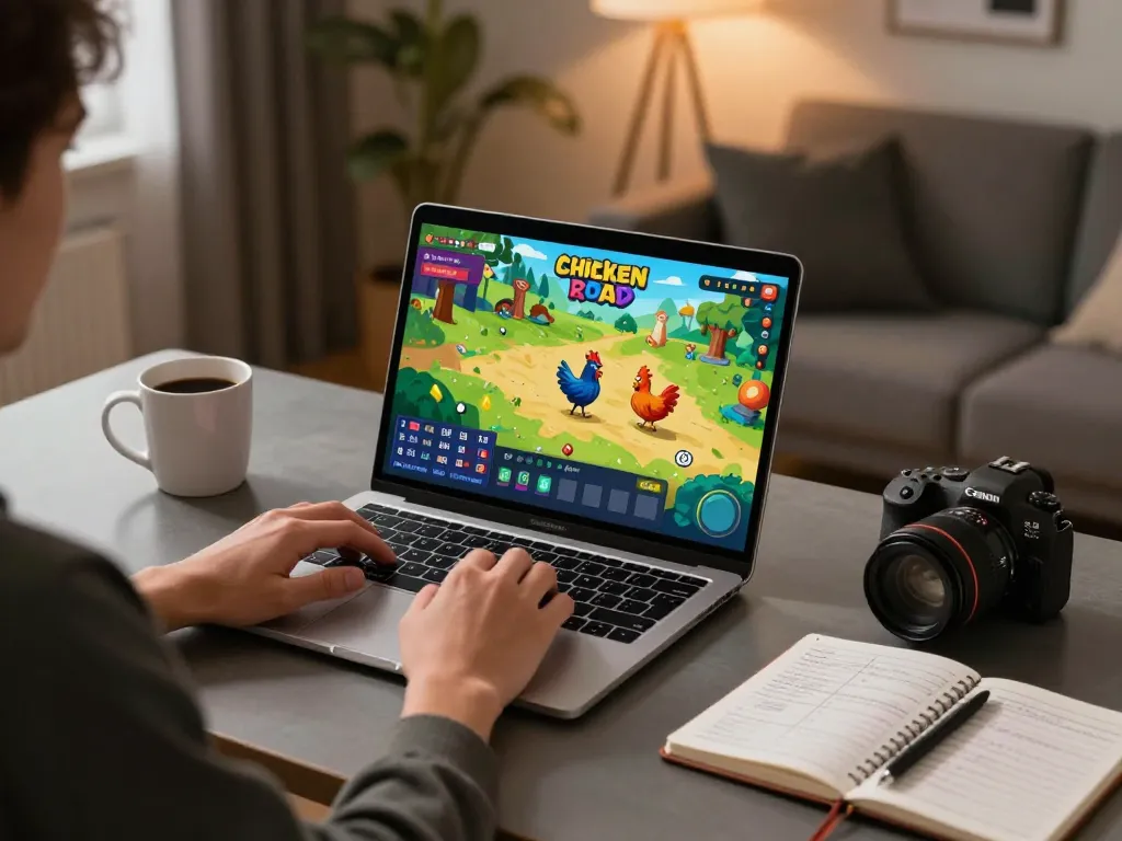 Momento coinvolgente con il gioco recensioni chicken road visualizzato sullo schermo del laptop durante una sessione di gioco online.
