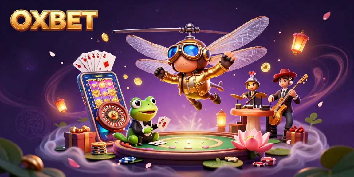 Experience the thrill at OXBET with a dynamic casino scene featuring a dragonfly pilot and frog croupier.