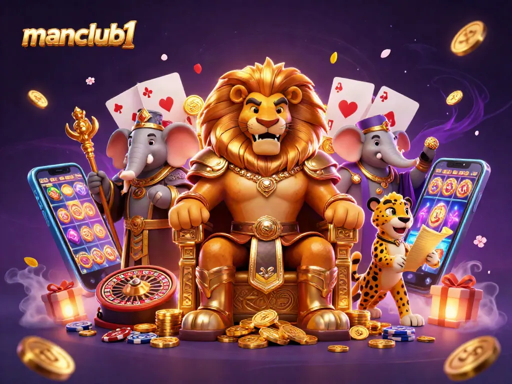 Engage players in thrilling games at manclub1 with vibrant casino elements and cartoon characters.