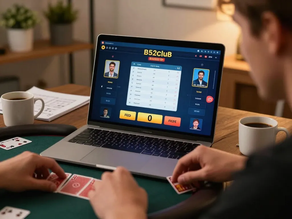 B52club player engaging with online poker game at home, showcasing strategic gameplay and responsible gaming.