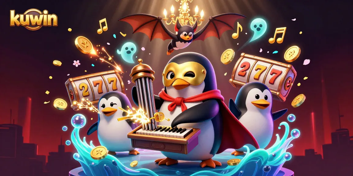 Kuwin casino illustration with a penguin organist and golden coins surrounded by lottery elements.