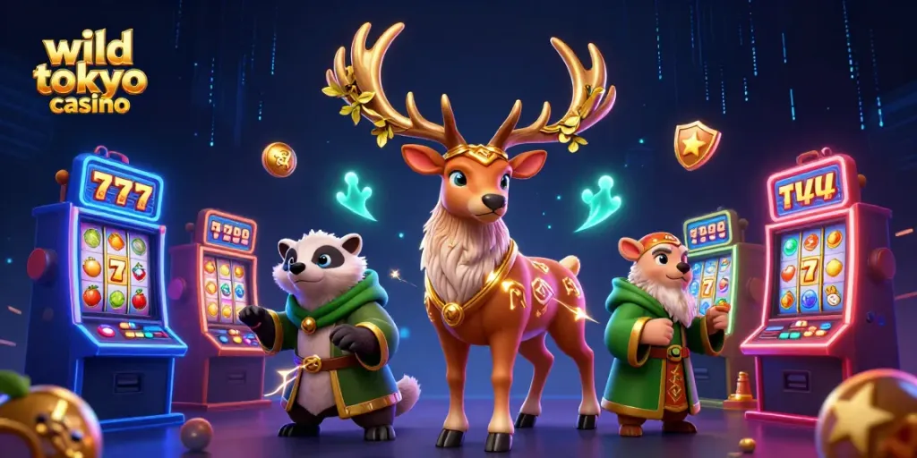 Experience the thrill at Wild Tokyo Casino with vibrant slot machines and mystical characters.