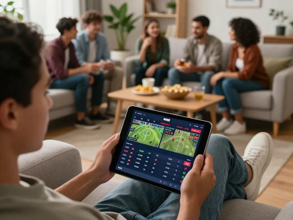 TẢI MI88 app displayed on tablet by user engaged in sports betting in a cozy home setting