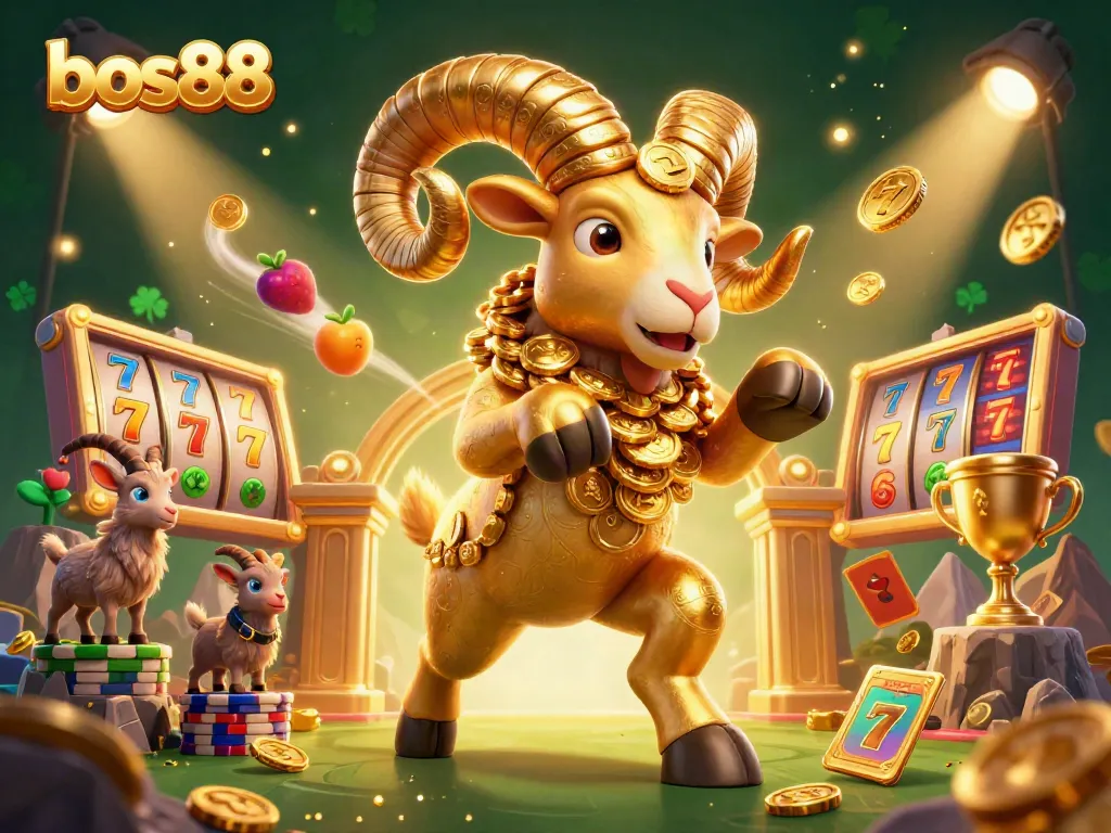 Engage with bos88 slots, featuring a dynamic scene of a golden ram at a casino, enhanced by vibrant game elements.