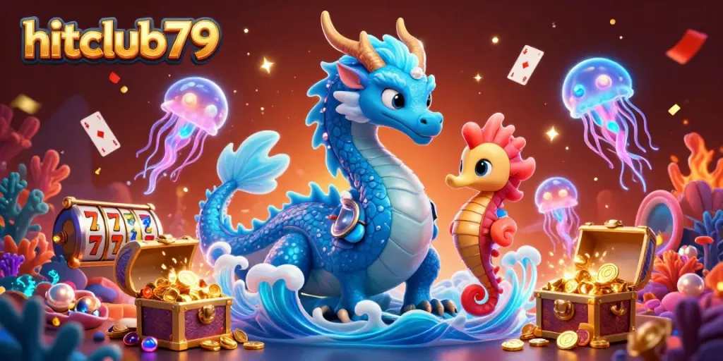 Engage with the immersive world of hitclub79, showcasing a vibrant underwater casino theme featuring a dragon, knight, and jellyfish.