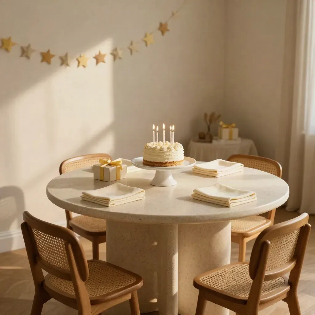 Sala compleanno con tavolo riservato, torta e candeline spente, luce calda e dettagli festa
