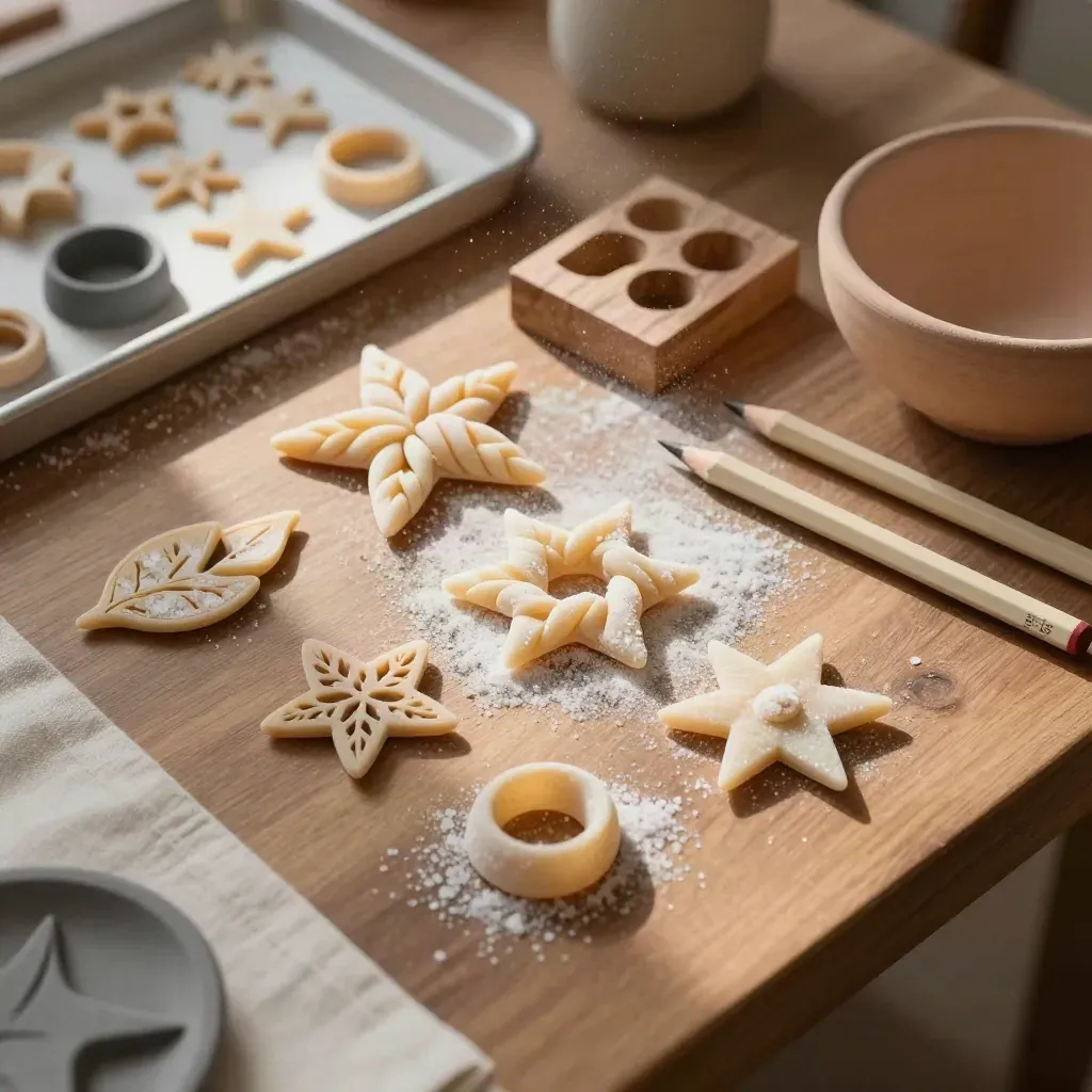 Tavolo del laboratorio creativo con pasta di sale, stampi di legno e lavoretti in asciugatura
