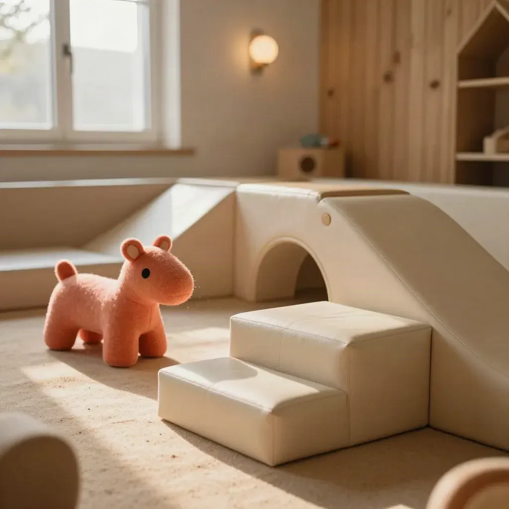 Zona soft play bassa con moduli morbidi, animaletti e luce calda filtrata dalla finestra.