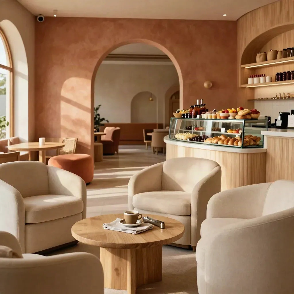 Parent lounge con poltrone morbide, snack bar e vista sull’area gioco.