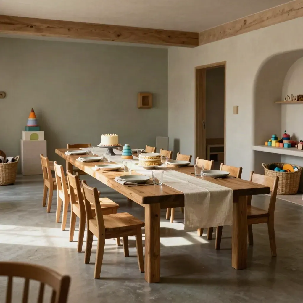 Sala compleanno pronta con tavolo lungo, torta e giochi riposti in luce calda.