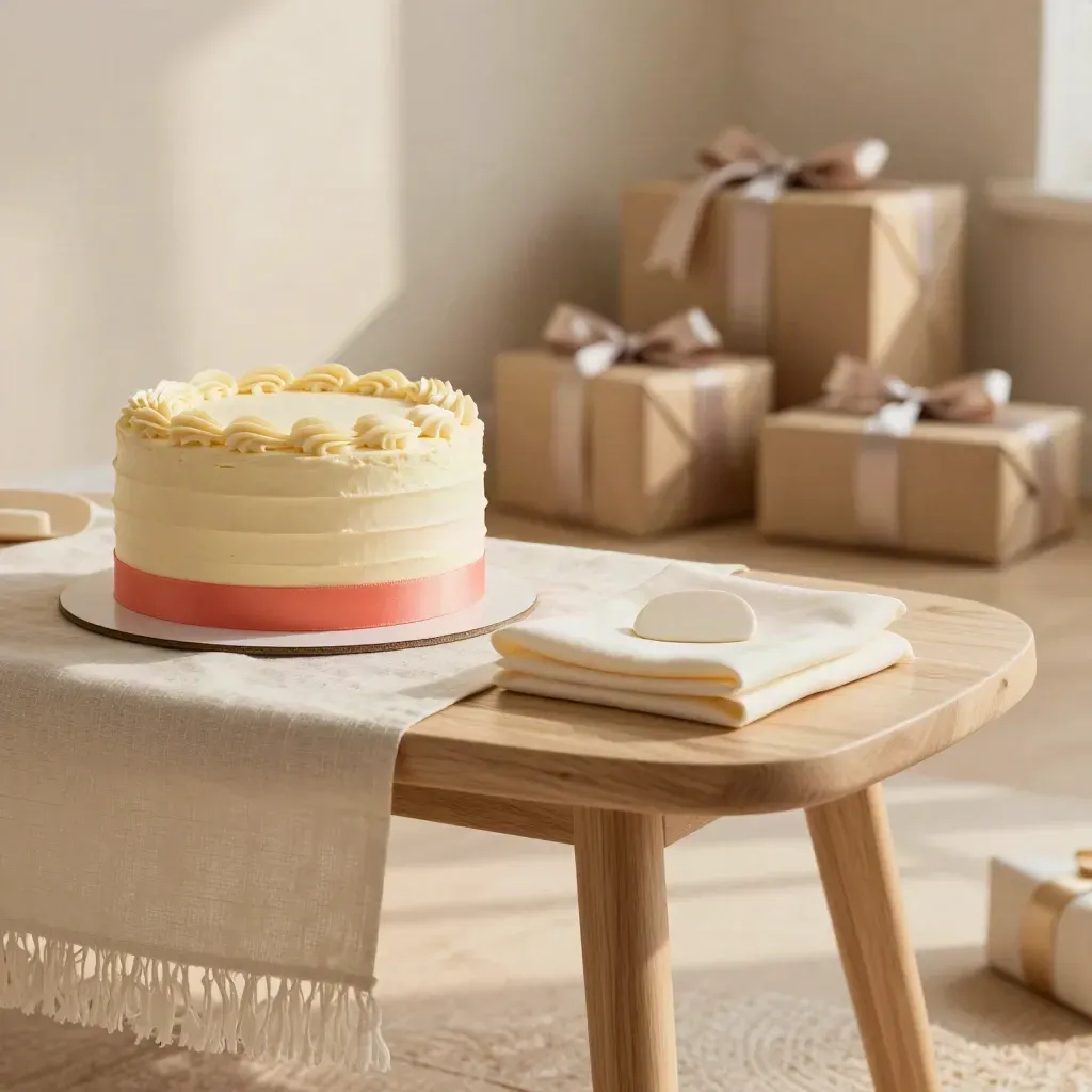 Torta e allestimento compleanno in sala privata, con pacchi regalo e dettagli corallo.
