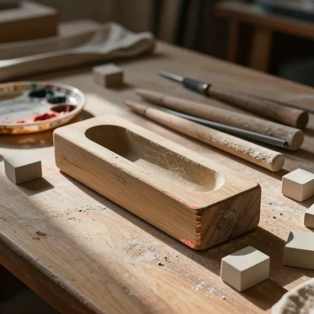 Attrezzi da laboratorio creativo con stampi in legno, stecche, colori e blocchi consumati.