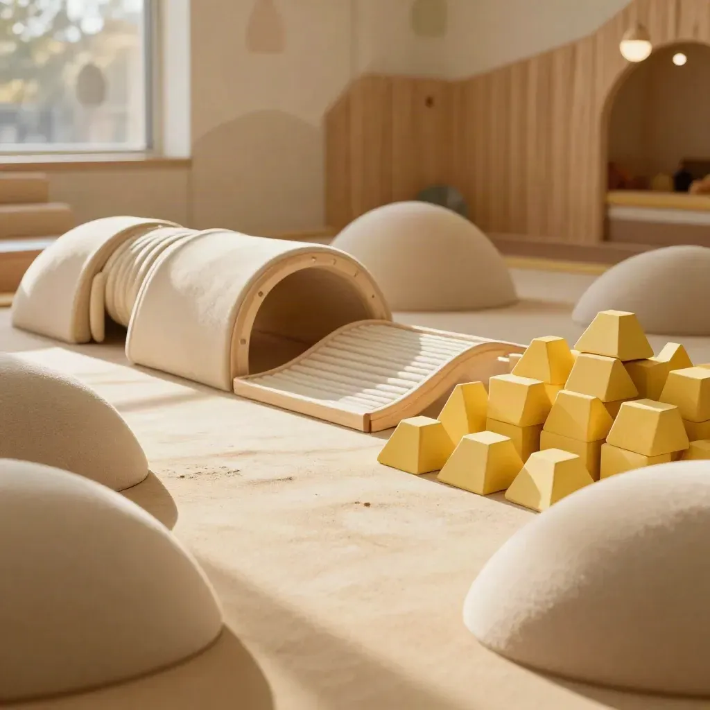 Area toddler con moduli morbidi, rampe basse e giochi sensoriali in luce calda.
