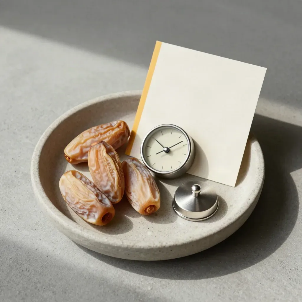 Blocchi data in legno, orologio tondo e gettone sala su vassoio chiaro