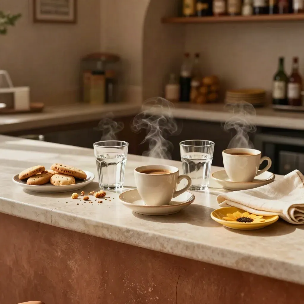 Angolo accoglienza con caffè, bicchieri d’acqua, biscotti e panno piegato su banco rustico.