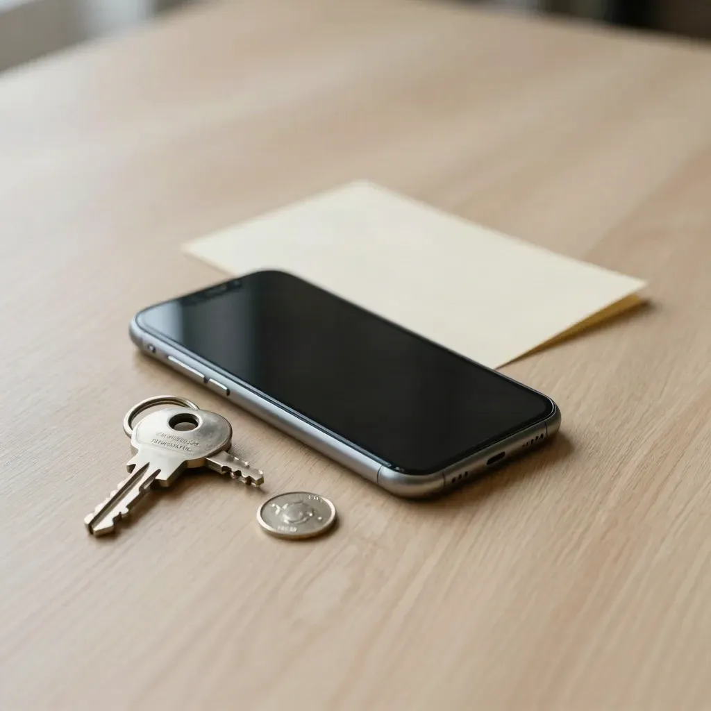 Smartphone spento, chiave metallica e gettone su legno chiaro, con card crema sfocata dietro.