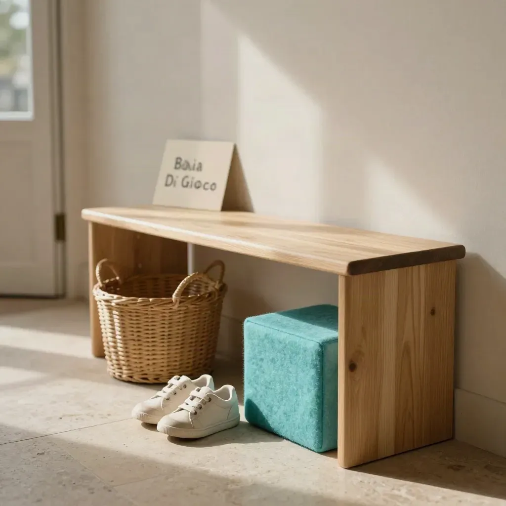 Panchina d’ingresso con scarpe piccole, cestino e blocco morbido, luce soffusa turchese.