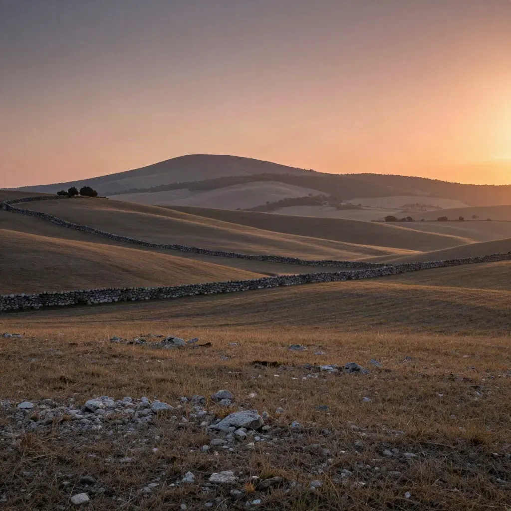 Pianura ocra del Sud Sardegna al tramonto con colline lontane e muretti bassi