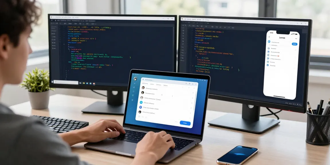 Setting up Telegram in Chinese: adjusting language settings on a laptop with dual monitors in a modern workspace.